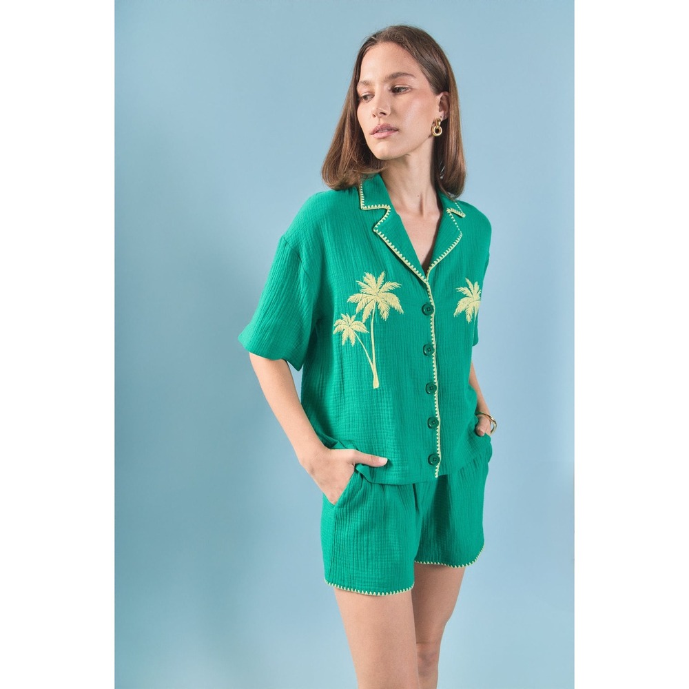 English Factory Women Cotton Colette Tropical Shirt Shorts Set L Green Palm Tree